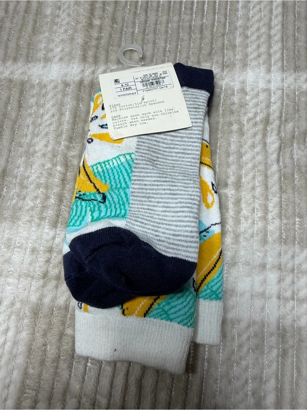 a new day White Crew Socks with Teal Leaves & Yellow Bananas